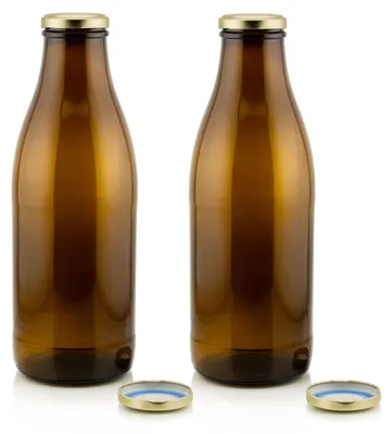 Produktbild von Milchflasche 1 Liter Glasflasche braun mit 2 Flaschen & 4 Deckeln in gold – spülmaschinenfest, auch für Smoothie und Kräuteröl geeignet