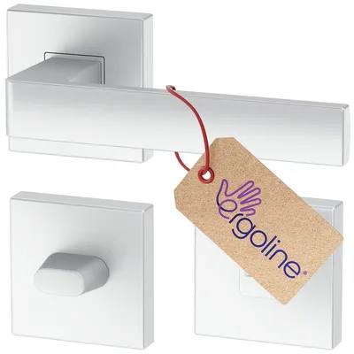 A set of modern, square-shaped door handles and a privacy lock, presented on a white background with a product tag attached to one of the handles.