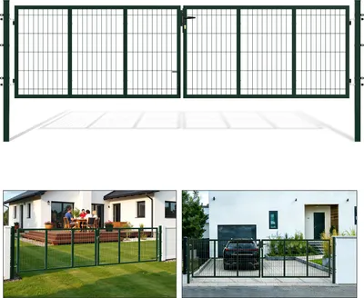 Produktbild von Faziango Doppelflügel Gartentor  Grün, 350 x 100 cm inkl. Griff, Schloss, Schlüsseln und Bodenverriegelung Gartenpforte Einfahrtstor Hoftür,Vierkantrohr
