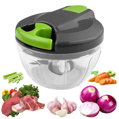Produktbild von Handbetriebene Gemüseschneider Zwiebelhacker Küchenhelfer - 520 ml - 3 Edelstahlklingen - Mit Zugschnur - Für Zwiebeln, Knoblauch und Kräuter