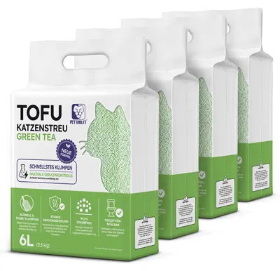 Produktbild von PET VIOLET Tofu Katzenstreu Green Tea 10 kg / 24 L, pflanzenbasiert, stark klumpend, staubarm, geruchsbindend, wasserlöslich & spülbar, KI-generiertes Bild