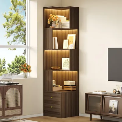 Produktbild von Flieks multifunktionales Vitrinenschrank mit per App fernsteuerbare Beleuchtung und großer Stauraum, Vitrine, Standvitrine 45x43.5x180cm, Braun