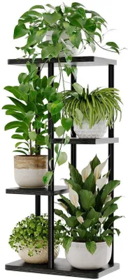 Productafbeelding van Plantenrek van metaal en hout, 4-laags plantenrek voor binnenshuis, moderne bloemenrek voor woonkamer en balkon, zwart