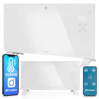 Obrázek produktu pro Konvektorové topení s dálkovým ovládáním Ohřívač MalTec z tvrzeného skla, Eco, Wifi termostat a časovač vytápění, 2000W, dětská pojistka, bílý