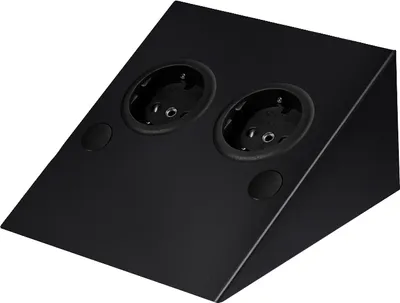 A black, angled power strip with two outlets and two circular buttons on a white background.