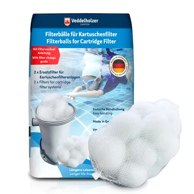 A bag of filter balls for a cartridge filter, with a child swimming in the background.