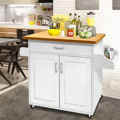 Produktbild von YZNAHRE Küchenwagen Küchenschrank mit Rollen und Arbeitsplatte 115x90x36cm Servierwagen Kücheninsel aus Holz mit Handtuchhalter und Gewürzboard Mobile Küchenschränke Kücheninselwagen, Weiß