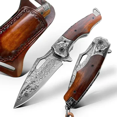 Produktbild von HARAHU ZE-26673 Damast Jagd-Klappmesser - Braun KP26673