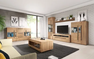 Produktbild von Wohnzimmer Set inkl. Wohnwand Sideboard und Couchtisch TURDA-83 in Eiche Grandson Nb. mit LED Beleuchtung, B/H/T: ca. 320/104/50 cm