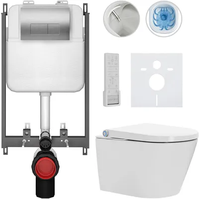 Imagen del producto de CERANO - Inodoro suspendido con bidé Cronus Pro - blanco brillante - botón Prime/Modulo, plateado - para empotrar - 59,3 x 38,4 cm