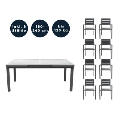 Produktbild von HOME DELUXE - Gartentisch ausziehbar - CALIDO - ca. 180 (240) x 97,5 x 76,5 cm - inkl. 8 Stühlen, Gestell Aluminium, Tischplatte Glas - inkl. Zubehör I Gartenmöbel Ausziehtisch Balkonset