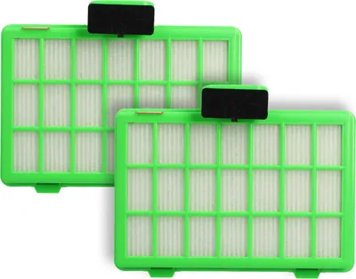 Two green vacuum cleaner filters are shown on a white background.