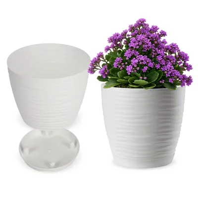 Produktbild von KADAX Blumentopf mit Untersetzer "Temara", Blumenkübel, Pflanztopf aus Kunststoff, Übertopf, rund, 17 cm, Weiß