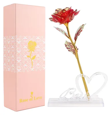 Ewige Rose mit Ständer und Geschenkbox, Gold, 27 cm