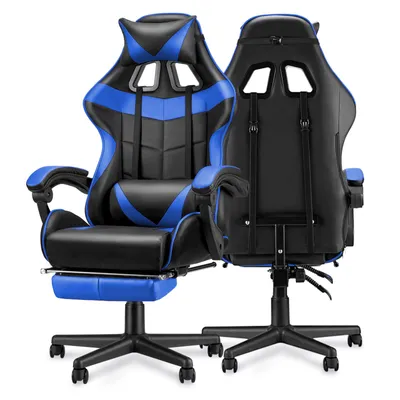 Produktbild von Verdego Gaming-Stuhl mit Klappbarer Fußstütze, Verstellbarer Rückenlehne und Armlehnen, Bürostuhl Ergonomisches Design, PolyurethanKunstleder, Blau