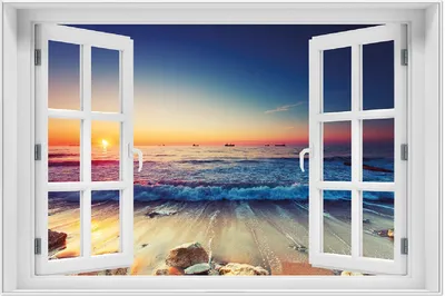 Produktbild von Wallario Wandbild mit Fenster-Illusion: Sonnenuntergang am Meer mit Wellen am Strand, Größe: 61 x 91,5 cm, Poster mit weißem Aluminiumrahmen