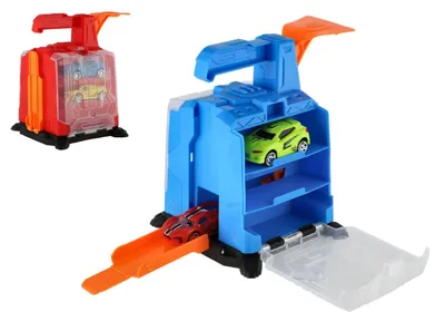 Produktbild von Garage + 2 Autos aus Kunststoff mit Ausstoßmechanismus, 16 x 19 x 15 cm