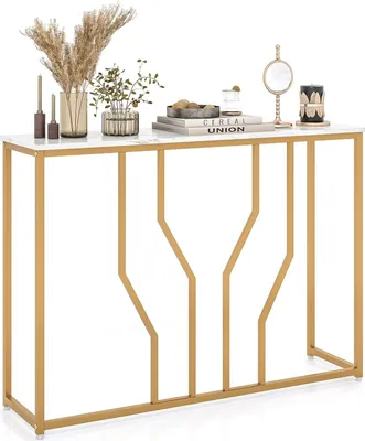 Immagine prodotto di Tavolino da salotto effetto marmo, tavolino da ingresso con struttura geometrica in metallo, tavolino da salotto stretto, tavolino da divano bianco e oro, credenza lunga, 110x30x80 cm