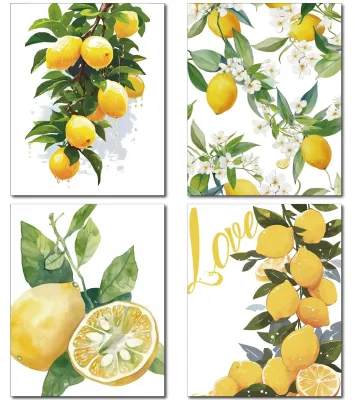 Obrázek produktu pro 4 kusy nástěnné dekorace na plátně – motiv citronu, potisk – rozměry 20x25 cm