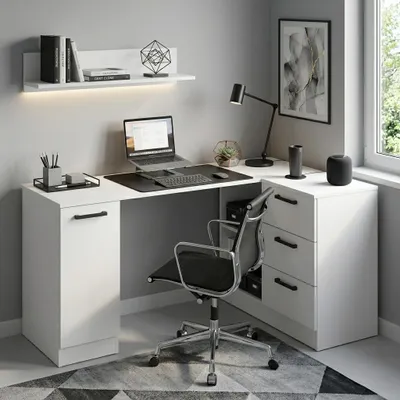 Produktbild von Weißer, matter, universeller Eckschreibtisch (links/rechts) mit Schubladen und Schrank, großer Computertisch (155 x 85 cm) für Büro, Jugendzimmer