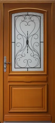 Image de Porte d'entree Bois vitree, Curcuma (Canaries 7), H215 x L80 p.droit  + Poignee, Barillet Et Bouton (ref : IN158RPL2 - IN303NEW)