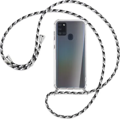 Produktbild von Handykette Backcover-Schutzhülle mit Band (Metall silberfarben) für Samsung Galaxy A21s - schwarz/grau/weiß