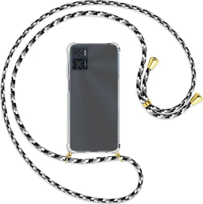 Produktbild von Handykette Backcover-Schutzhülle mit Band (Metall goldfarben) für Motorola Moto E22, Moto E22i 4G - schwarz/grau/weiß