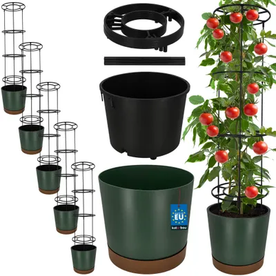 Produktbild von KOTARBAU® 5er Set Pflanztopf für Tomaten ⌀ 39 cm Blumentopf mit Rankhilfe für Kletterpflanzen Tomatenturm 141 cm Robust & Langlebig Kunststoff Grün