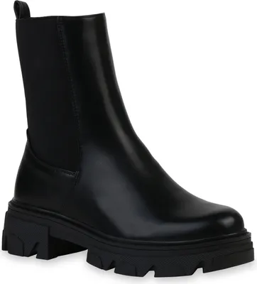 Produktbild von VAN HILL Damen Stiefeletten Plateau Boots Stiefel Profil-Sohle Schuhe 835598, Farbe: Schwarz PU, Größe: 39