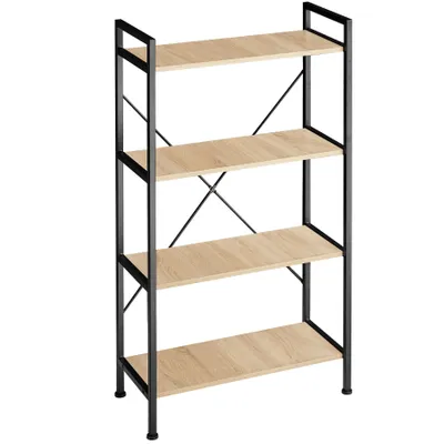 A four-tier shelf unit with a light wood grain finish and black metal frame, shown against a white background.