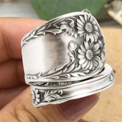 Produktbild von Verstellbarer Ring mit Sonnenblumen-Löffel, Boho-Stil, Vintage-Stil, offener Fingerring, ausziehbare Wickelbänder für Damen und Herren, Schmuck