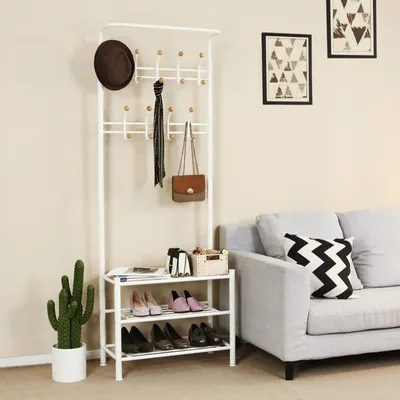 Produktbild von SONGMICS Metall Garderobenständer | Kleiderständer mit 18 Haken + 3 Ablagen |187 x 68,8 x 35,2 cm | mit Schuhregal aus Metall weiß HSR04W