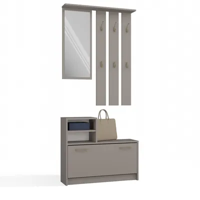 A hallway furniture set including a mirror, coat hooks, and a shoe bench with storage.