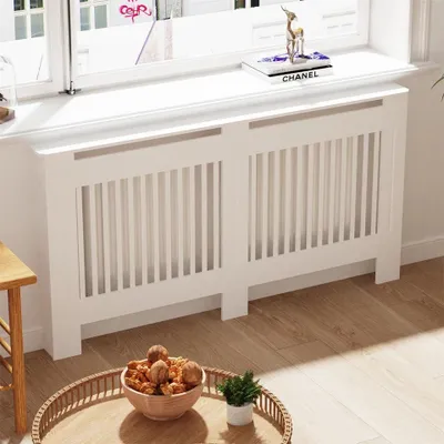Image de FATIVO Habillage de radiateur 152 x 19 x 92 cm - Habillage de radiateur haut, blanc, en MDF épais, à lamelles verticales