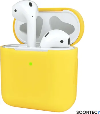 A yellow case for Apple AirPods with the AirPods inside.