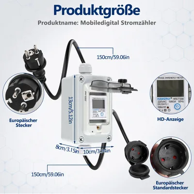 Produktbild von Peviasot Mobiler Digitaler Stromzähler 230V 60A kWh Zähler IP67 mit Reset
