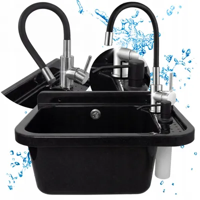 Produktbild von Spülbecken-Set, schwarz, 50 cm, flexible Armatur, Wasserspender