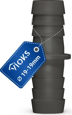 A black adapter for a washing machine or dishwasher hose, with a blue tag attached.