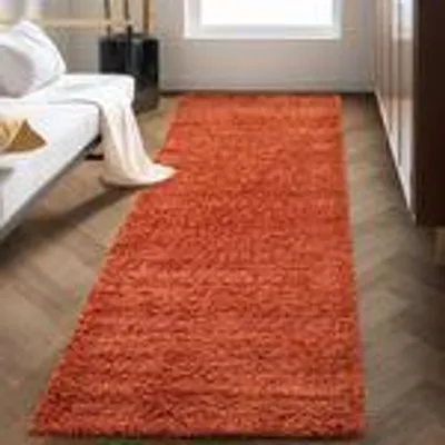 Produktbild von Teppich Wohnzimmer Hochflor Einfarbiges Design Langflor Shaggy Modern Flauschig, Größe: 80 x 250 cm, Farbe: Terrakotta