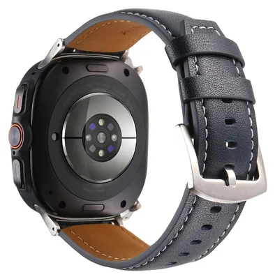 The back of a smartwatch with a blue leather strap, shown against a white background.