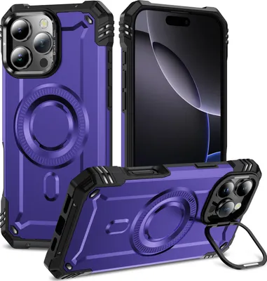 Produktbild von Magnetisch Hülle für iPhone 16 Pro, Heavy Duty Militärischer Stoßfest Handyhülle Kamera-Ringständer Lila
