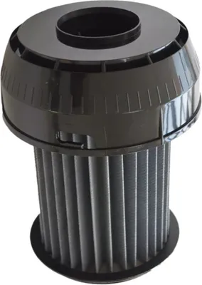 A close-up studio shot of a black and gray air filter.
