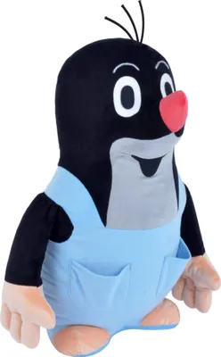 A plush toy mole wearing blue overalls against a white background.