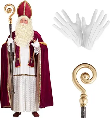 Produktbild von Nikolaus Kostüm Set – Erzbischof Verkleidung mit Perücke, Bart, Handschuhen & Bischofsstab Gr. L/XL