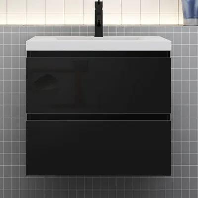 Produktbild von Badmöbel Set HUTI-Serie 50cm Keramik Waschbecken mit Unterschrank Badezimmermöbel mit 2 Schubladen Hochglanz Schwarz Hängeschrank