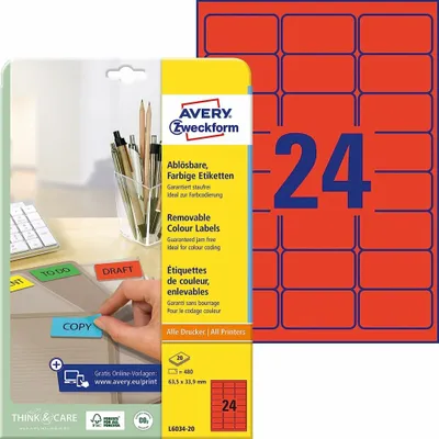 Obrázek produktu pro Avery L6034-20, Červená, Papír, 63,5 mm, 33,9 mm, 24 kusů