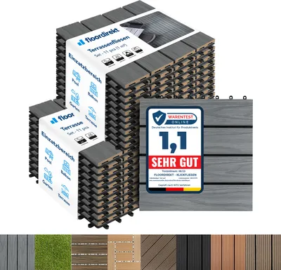Produktbild von Karat Terrassenfliesen Klickfliesen 30x30 cm, wetterfeste Balkonfliesen aus Kunststoff, Klicksystem für Terrasse & Balkon – Grau, 22 Stk. (2m²)