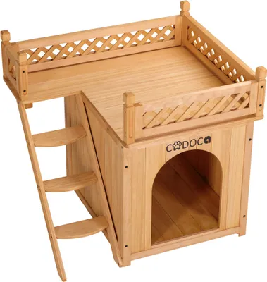 Produktbild von CADOCA® Tierhaus FSC®-zertifiziert Kiefer 65x55x54cm 2-stöckig Treppe Sonnenterrasse Katzenhaus Katzenhütte Hundehütte Katzenvilla Lodge Balkon