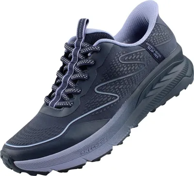 A single gray and blue Skechers sneaker is shown against a white background.