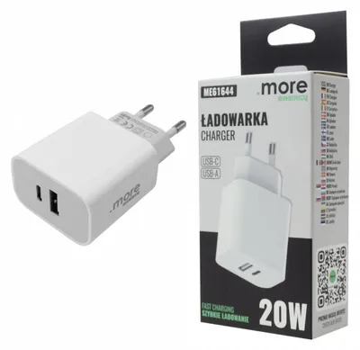 Obrázek produktu pro Síťová nabíječka s duálním USB portem pro telefon, dva porty USB-C a USB-A, 20W, bílá
